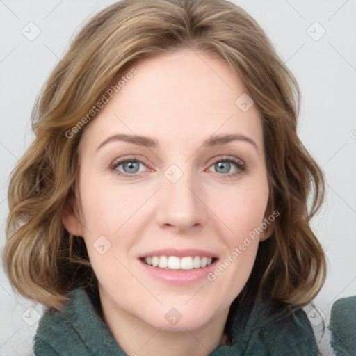 Joyful white young-adult female with medium  brown hair and blue eyes