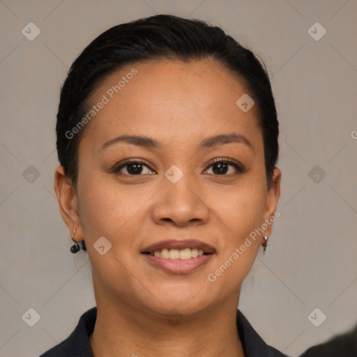 Joyful white young-adult female with short  black hair and brown eyes