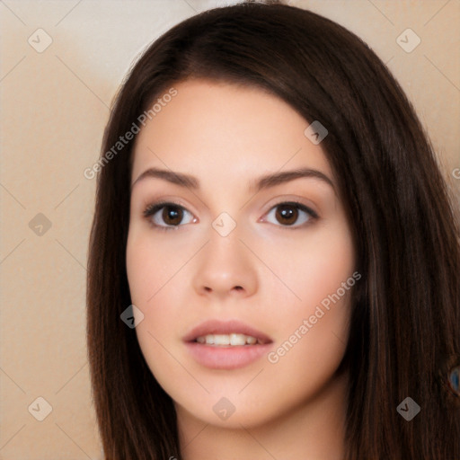 Neutral white young-adult female with long  brown hair and brown eyes