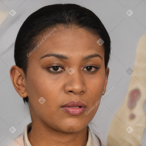 Neutral latino young-adult female with short  brown hair and brown eyes