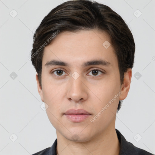 Neutral white young-adult male with short  brown hair and brown eyes