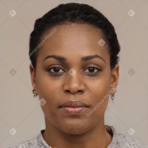 Neutral black young-adult female with short  black hair and brown eyes