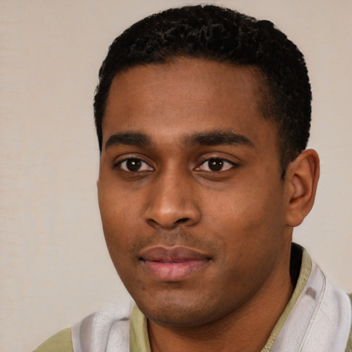 Neutral black young-adult male with short  black hair and brown eyes