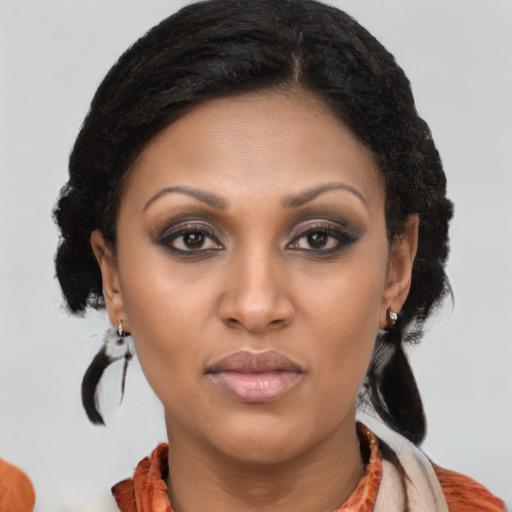 Joyful black young-adult female with medium  brown hair and brown eyes