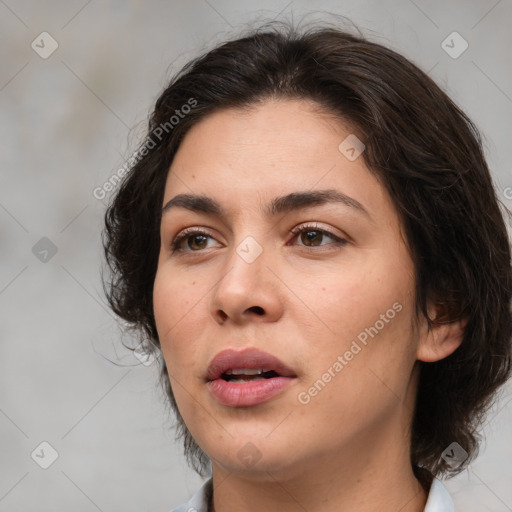 Neutral white young-adult female with medium  brown hair and brown eyes