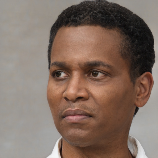 Neutral black adult male with short  black hair and brown eyes