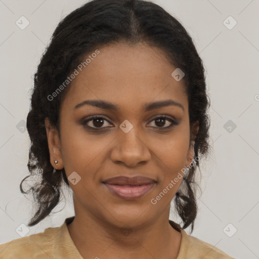 Joyful black young-adult female with long  brown hair and brown eyes