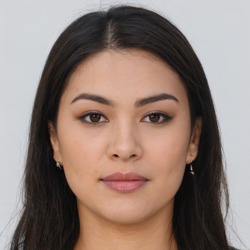 Neutral asian young-adult female with long  brown hair and brown eyes