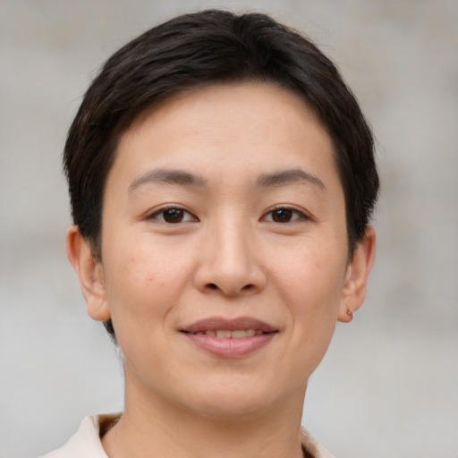 Joyful white young-adult female with short  brown hair and brown eyes