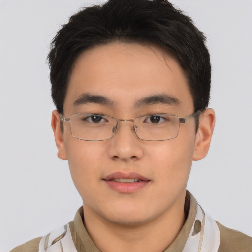 Neutral asian young-adult male with short  brown hair and brown eyes