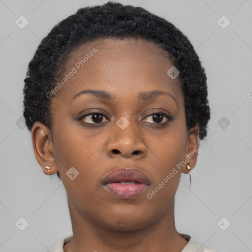 Neutral black young-adult female with short  brown hair and brown eyes