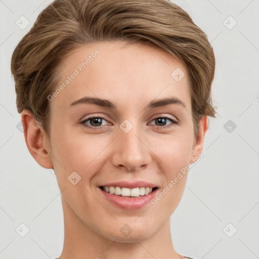 Joyful white young-adult female with short  brown hair and grey eyes