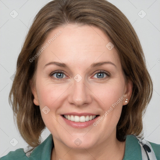 Joyful white young-adult female with medium  brown hair and green eyes