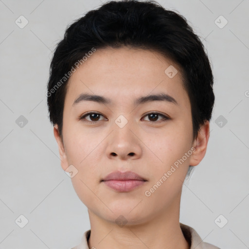 Neutral asian young-adult female with short  black hair and brown eyes