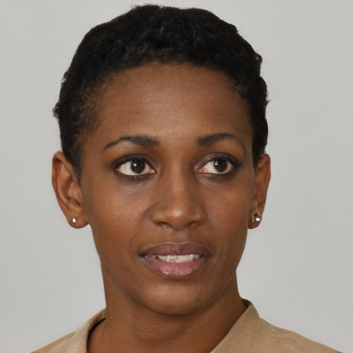Neutral black young-adult female with short  black hair and brown eyes