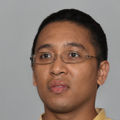 Neutral black adult male with short  brown hair and brown eyes