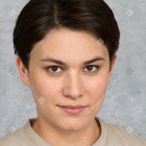 Neutral white young-adult female with short  brown hair and brown eyes