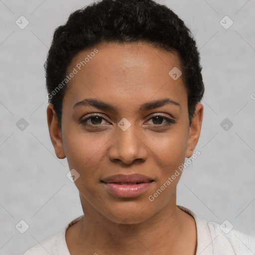 Joyful latino young-adult female with short  black hair and brown eyes