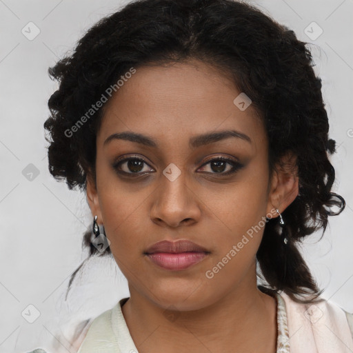 Neutral black young-adult female with medium  brown hair and brown eyes