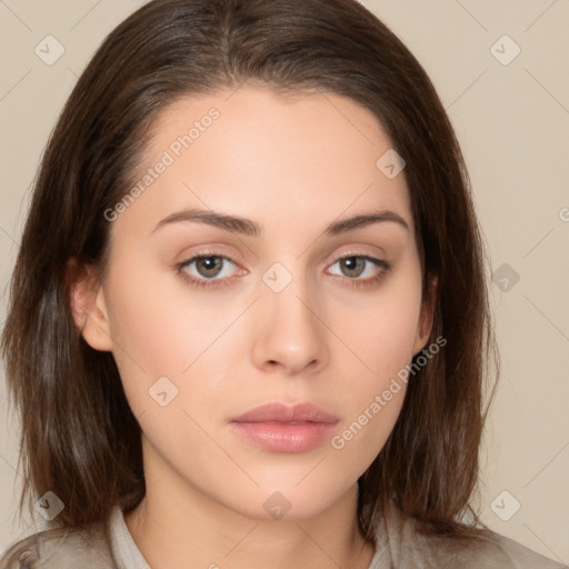 Neutral white young-adult female with medium  brown hair and brown eyes