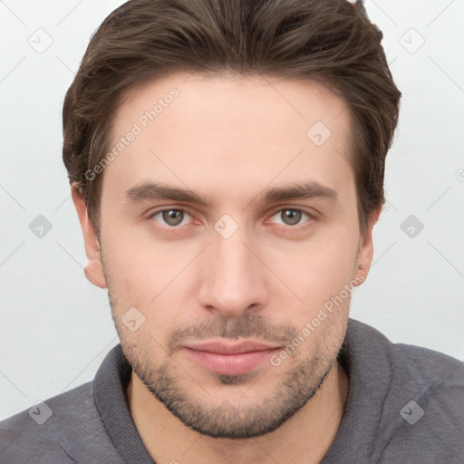 Neutral white young-adult male with short  brown hair and brown eyes