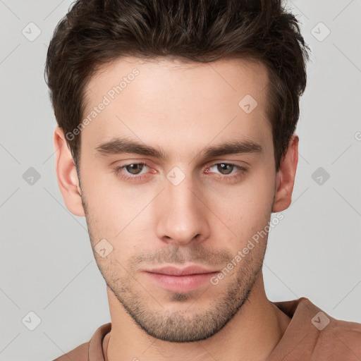 Neutral white young-adult male with short  brown hair and brown eyes