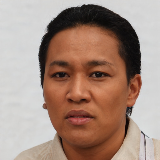 Neutral asian young-adult female with short  black hair and brown eyes