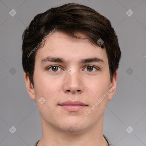 Neutral white young-adult male with short  brown hair and brown eyes