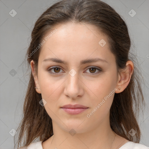 Neutral white young-adult female with medium  brown hair and brown eyes