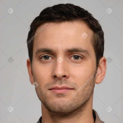 Neutral white young-adult male with short  brown hair and brown eyes