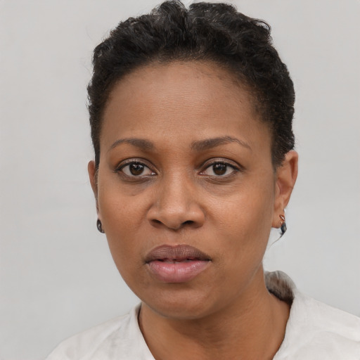 Neutral black young-adult female with short  black hair and brown eyes