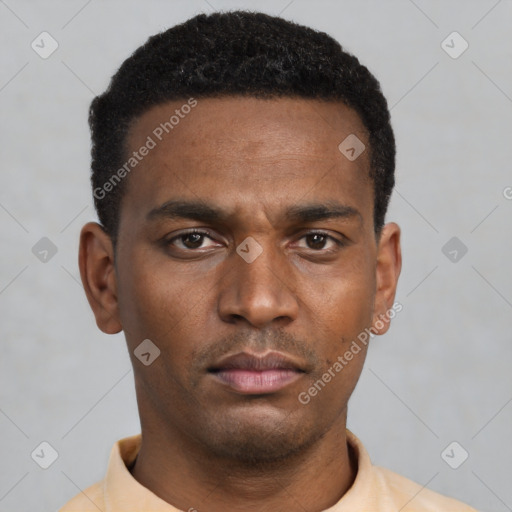 Neutral latino young-adult male with short  black hair and brown eyes