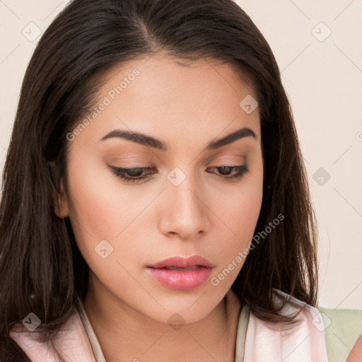 Neutral white young-adult female with long  brown hair and brown eyes