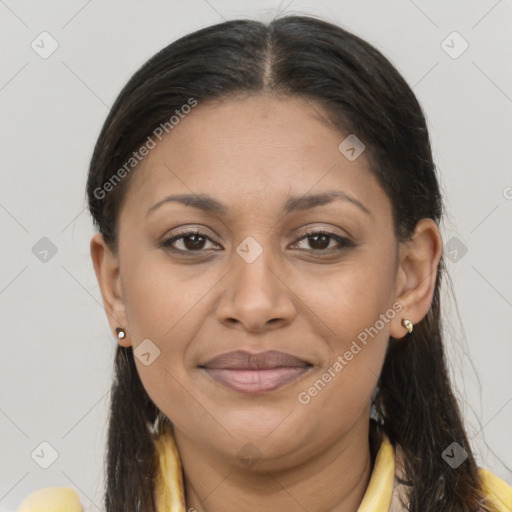 Joyful latino young-adult female with long  brown hair and brown eyes