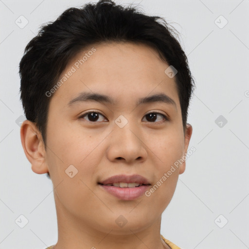 Joyful asian young-adult male with short  brown hair and brown eyes