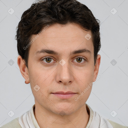 Neutral white young-adult male with short  brown hair and brown eyes