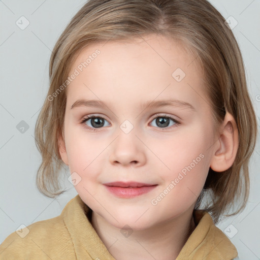 Joyful white child female with medium  brown hair and blue eyes