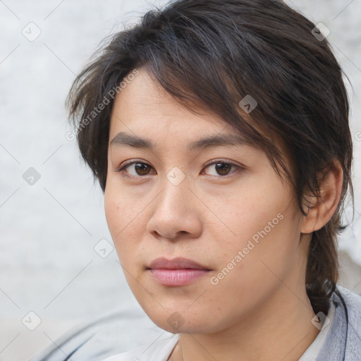 Neutral white young-adult female with medium  brown hair and brown eyes