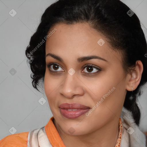 Joyful latino young-adult female with medium  brown hair and brown eyes