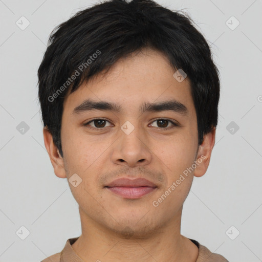 Joyful asian young-adult male with short  black hair and brown eyes