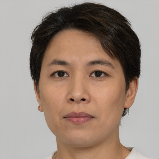 Neutral asian adult male with short  brown hair and brown eyes