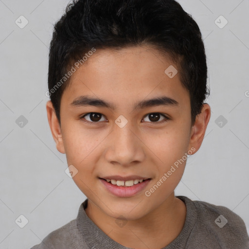 Joyful white child male with short  brown hair and brown eyes