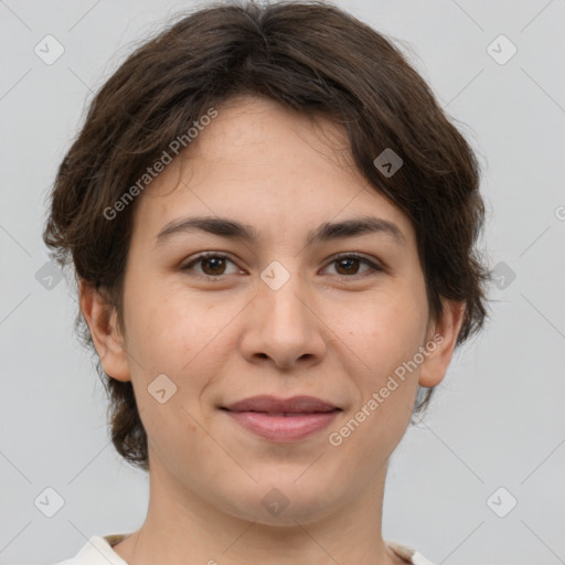 Joyful white young-adult female with medium  brown hair and brown eyes