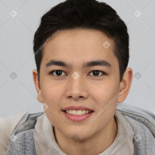 Joyful asian young-adult male with short  black hair and brown eyes