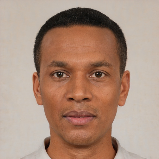 Neutral black young-adult male with short  black hair and brown eyes