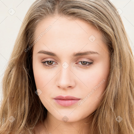 Neutral white young-adult female with long  brown hair and brown eyes