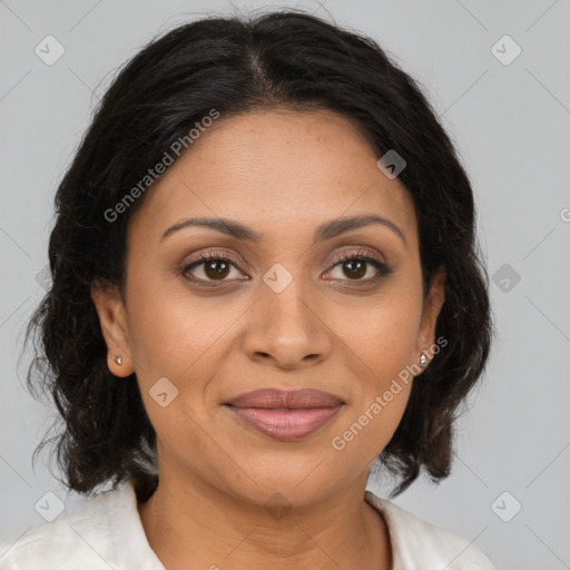Joyful latino young-adult female with medium  brown hair and brown eyes