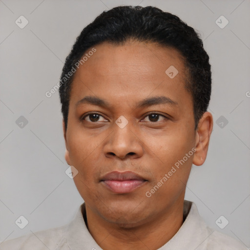 Neutral latino adult male with short  black hair and brown eyes