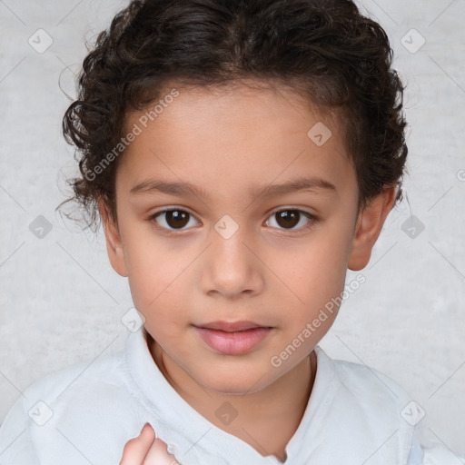 Joyful white child female with short  brown hair and brown eyes