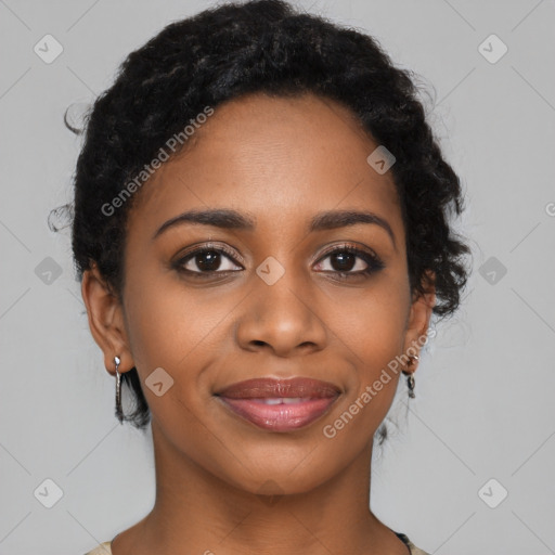 Joyful black young-adult female with medium  black hair and brown eyes